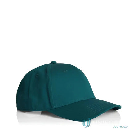 Teal snapback cap with curved peak, structured crown, and tonal under-peak lining