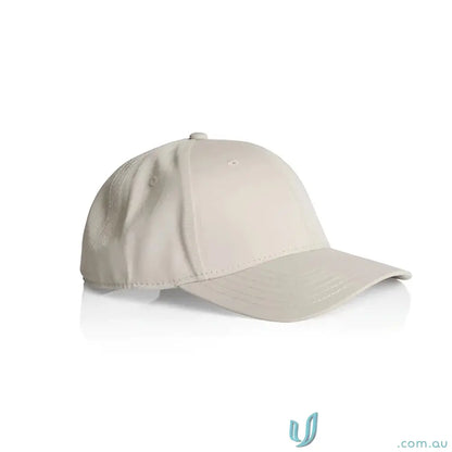 Plain light-colored snapback cap with curved peak and tonal under-peak lining