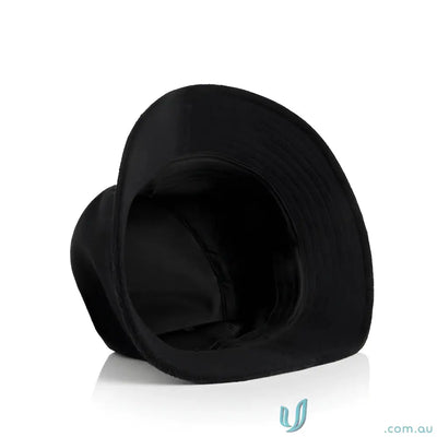 Black cotton terry bucket hat with wide brim and reinforced stitching for uniforms