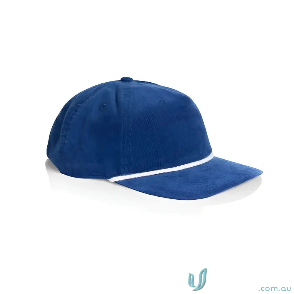 Vibrant blue unstructured five-panel cap with 16-wale partridge cord and matte nylon rope