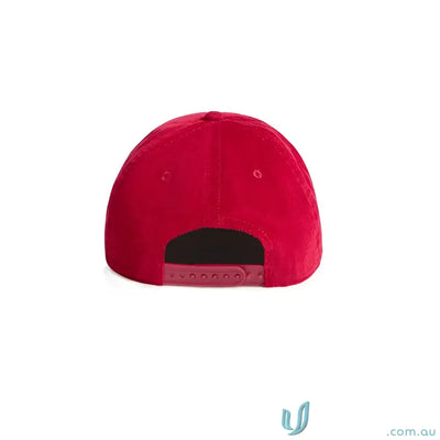Vibrant red unstructured five-panel cap with 16-wale Partridge cord and matte nylon rope