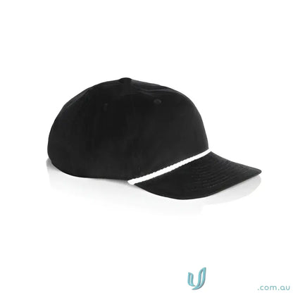 Black unstructured five-panel cap with white 16-wale partridge cord and matte nylon rope trim