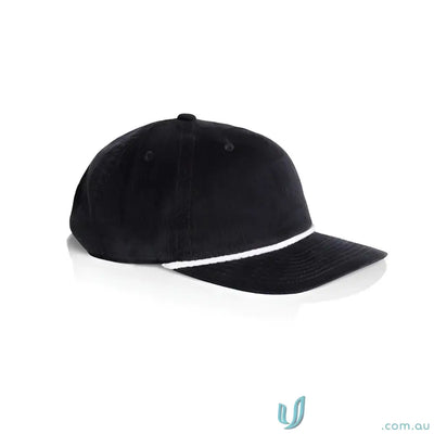 Black unstructured five-panel cap with 16-wale partridge cord and matte nylon rope detail
