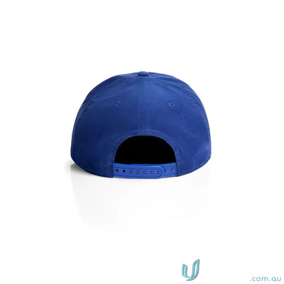 Blue unstructured five-panel cap with 16-wale partridge cord and matte nylon rope