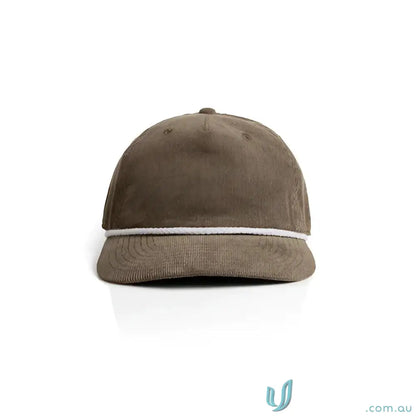 Brown unstructured five-panel cap with 16-wale partridge cord and matte nylon rope detail