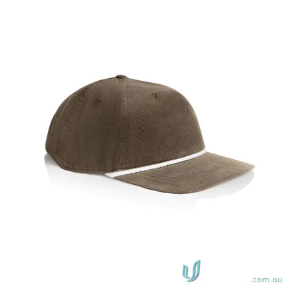 Brown unstructured five-panel cap with 16-wale partridge cord and matte nylon rope detail