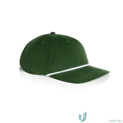 Dark green unstructured five-panel cap with white 16-wale partridge cord and matte nylon rope