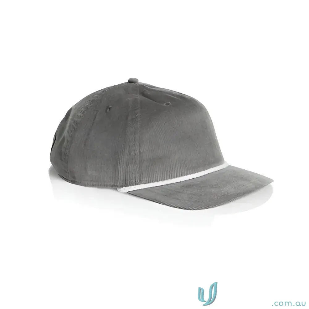 Gray unstructured five-panel cap with 16-wale Partridge cord and matte nylon rope detail