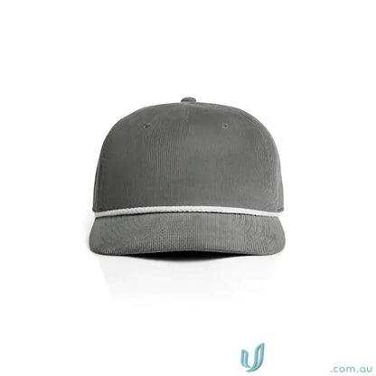 Gray corduroy unstructured five-panel cap with white matte nylon rope detail