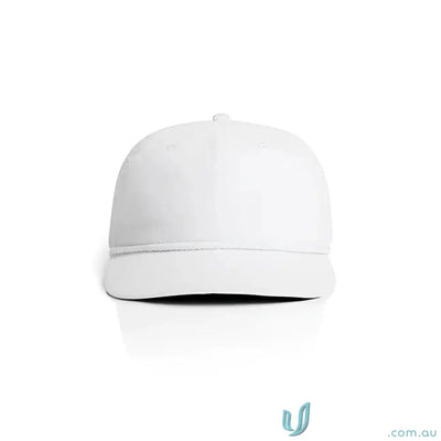Plain white unstructured five-panel cap with flat brim, 16-wale Partridge Cord, matte nylon rope