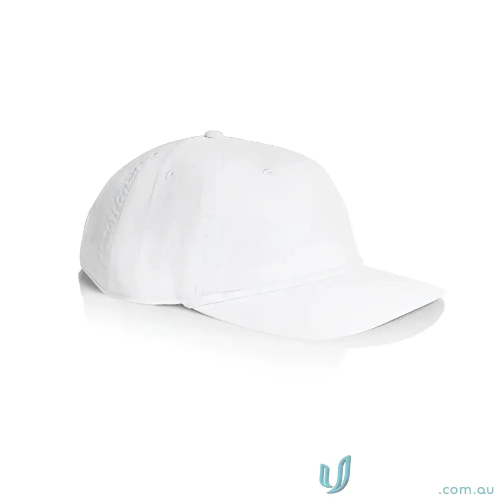 Plain white unstructured five-panel cap with 16-wale Partridge cord and matte nylon rope