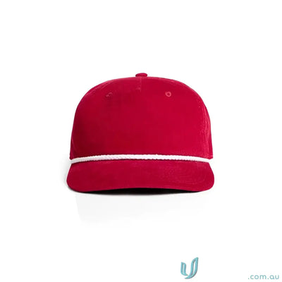 Red corduroy unstructured five-panel cap with white matte nylon rope accent