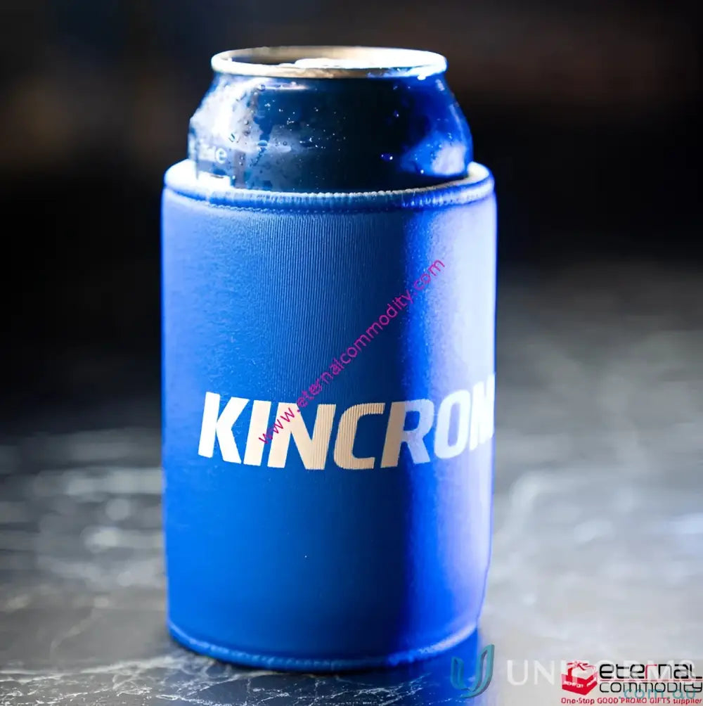Blue magnetic stubby holder keeping a chilled beverage can cool and stylish