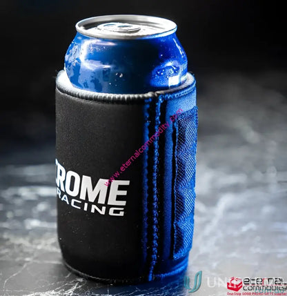 Black magnetic stubby holder with blue trim and textured pocket holding a cold blue can
