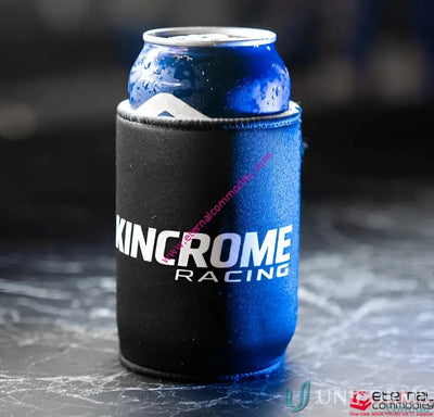 Blue beverage can in a black insulated magnetic stubby holder cooler for retail gifts