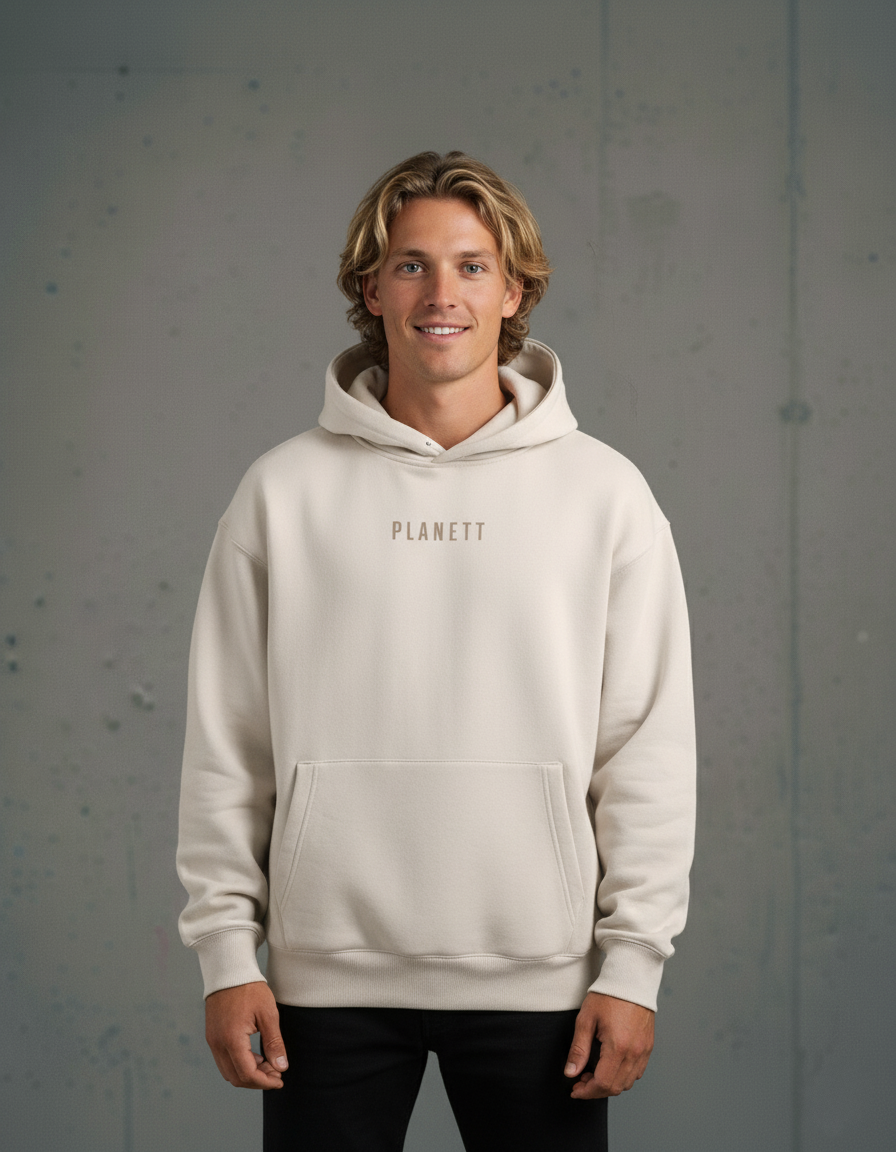 Cream-colored premium oversized bone hoodie with gold Planett logo