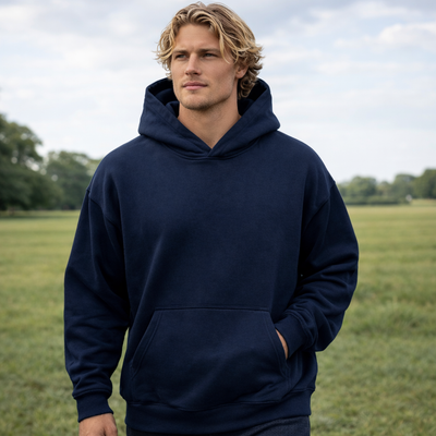 Premium oversized fleece hoodie in navy blue with front pocket