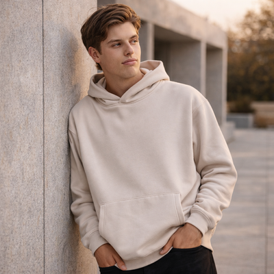 Oversized fleece hoodie in soft off-white with relaxed fit and front pocket