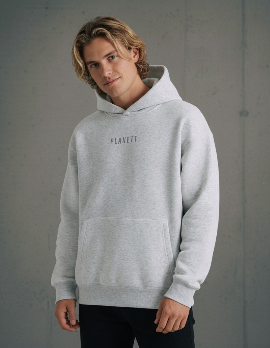 Premium oversized white marle hoodie in light gray fleece with planet text
