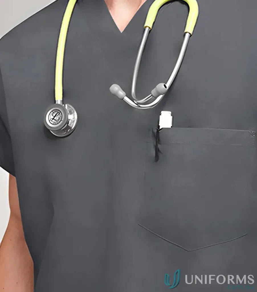 Person wearing dark grey scrub top with chest pocket, pens, and stethoscope in uniform