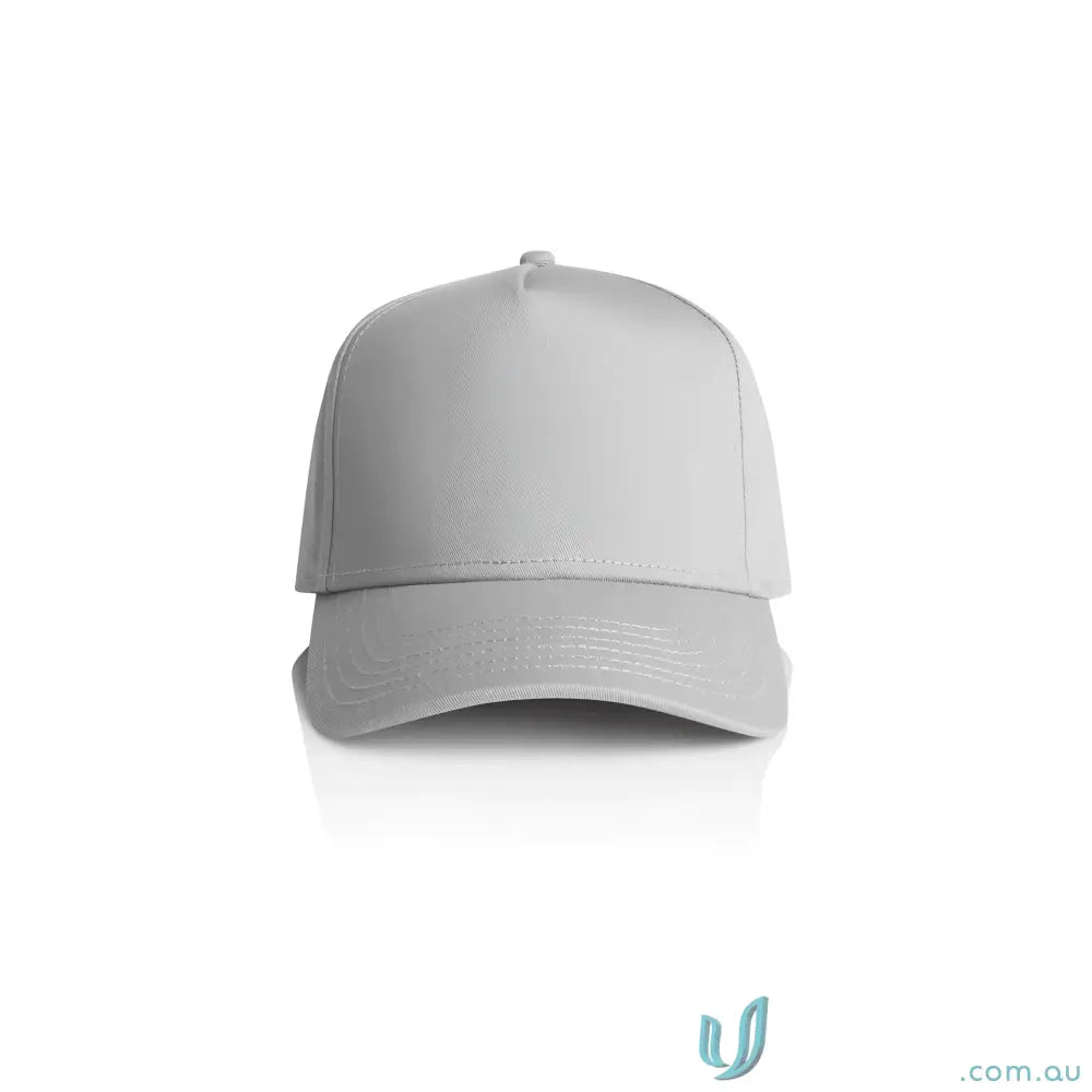 Light gray blank baseball cap with curved peak and plastic snapback for customization
