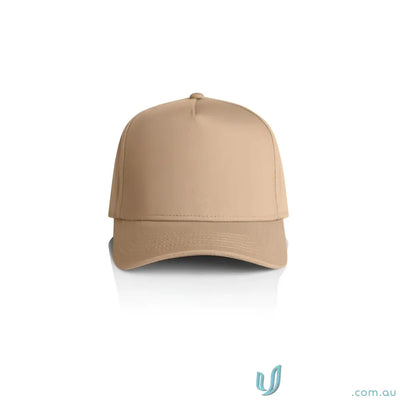 Blank tan baseball cap with curved peak and plastic snapback for customization