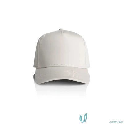 Plain white baseball cap with curved peak and plastic snapback for customisation
