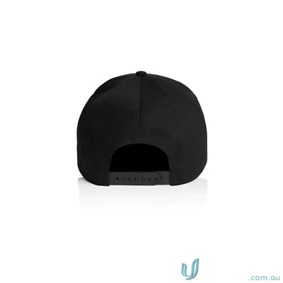 Black snapback cap with curved peak and plastic snapback for customisation