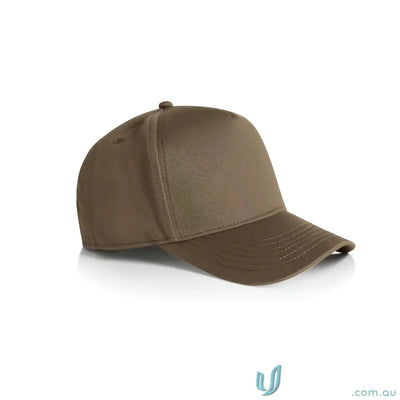 Plain brown baseball cap with curved peak and plastic snapback for customization