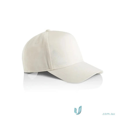 Light beige baseball cap with curved peak, plastic snapback, tonal under-peak lining