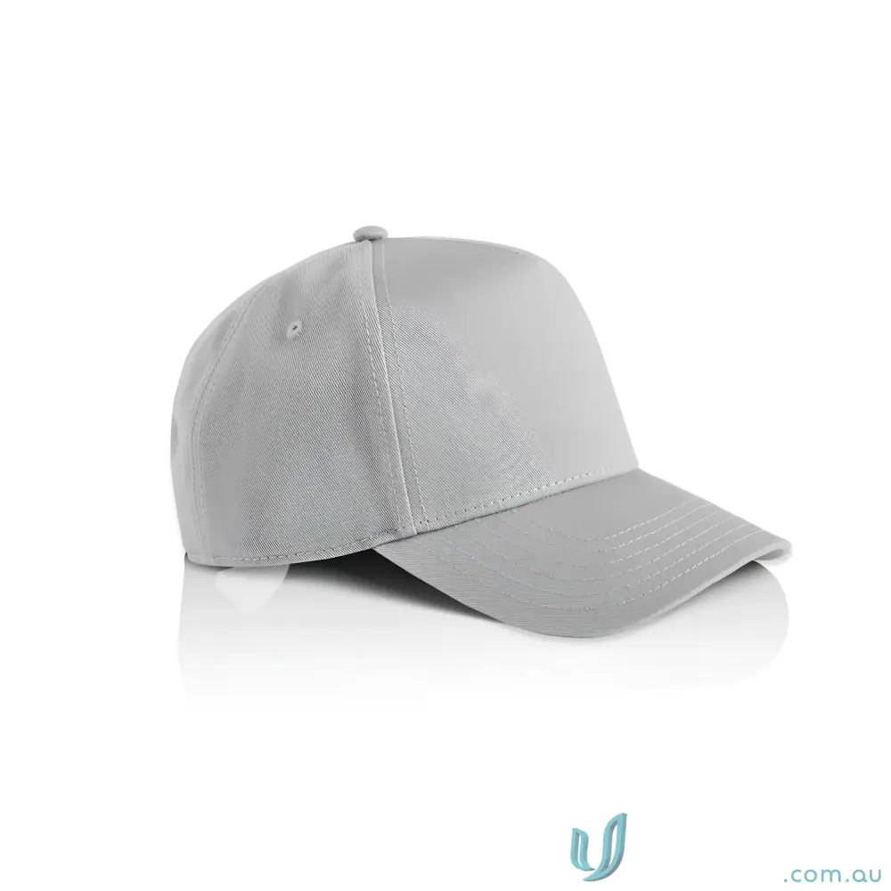 Light grey baseball cap with subtle sheen, curved peak, plastic snapback, tonal under-peak lining