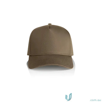 Light brown five-panel baseball cap with curved peak and plastic snapback for customization