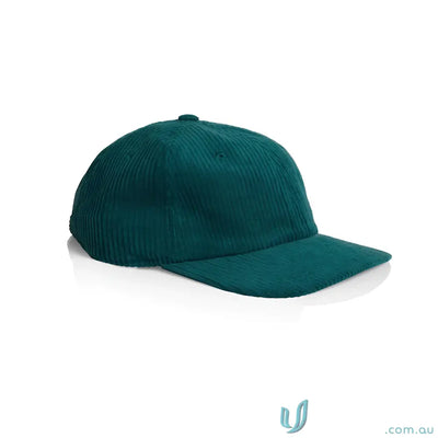 Teal corduroy unstructured six-panel cap with 8-wale partridge cord and adjustable metal clasp