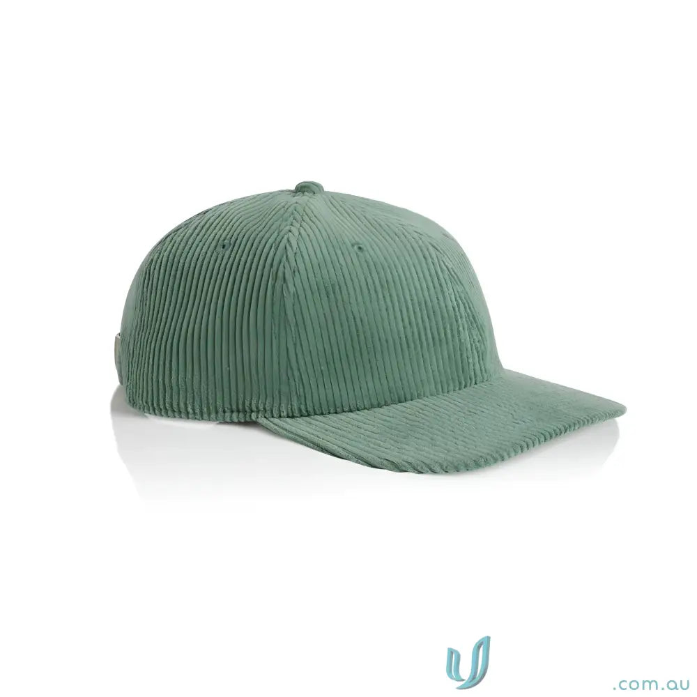 Sage green unstructured six-panel cap with 8-wale partridge cord and adjustable metal clasp