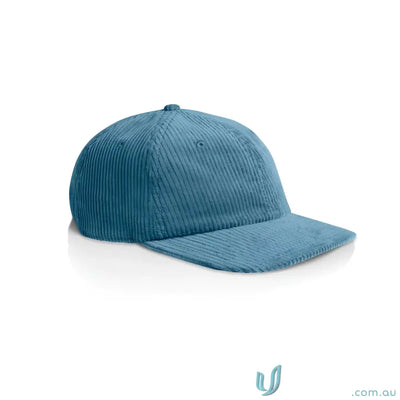 Light blue unstructured six-panel cap with 8-wale partridge cord and adjustable metal clasp