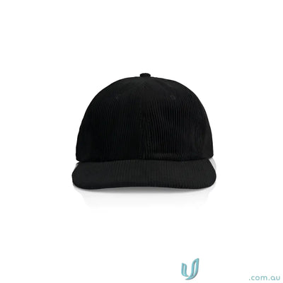 Black corduroy unstructured six-panel cap with 8-wale partridge cord and adjustable metal clasp