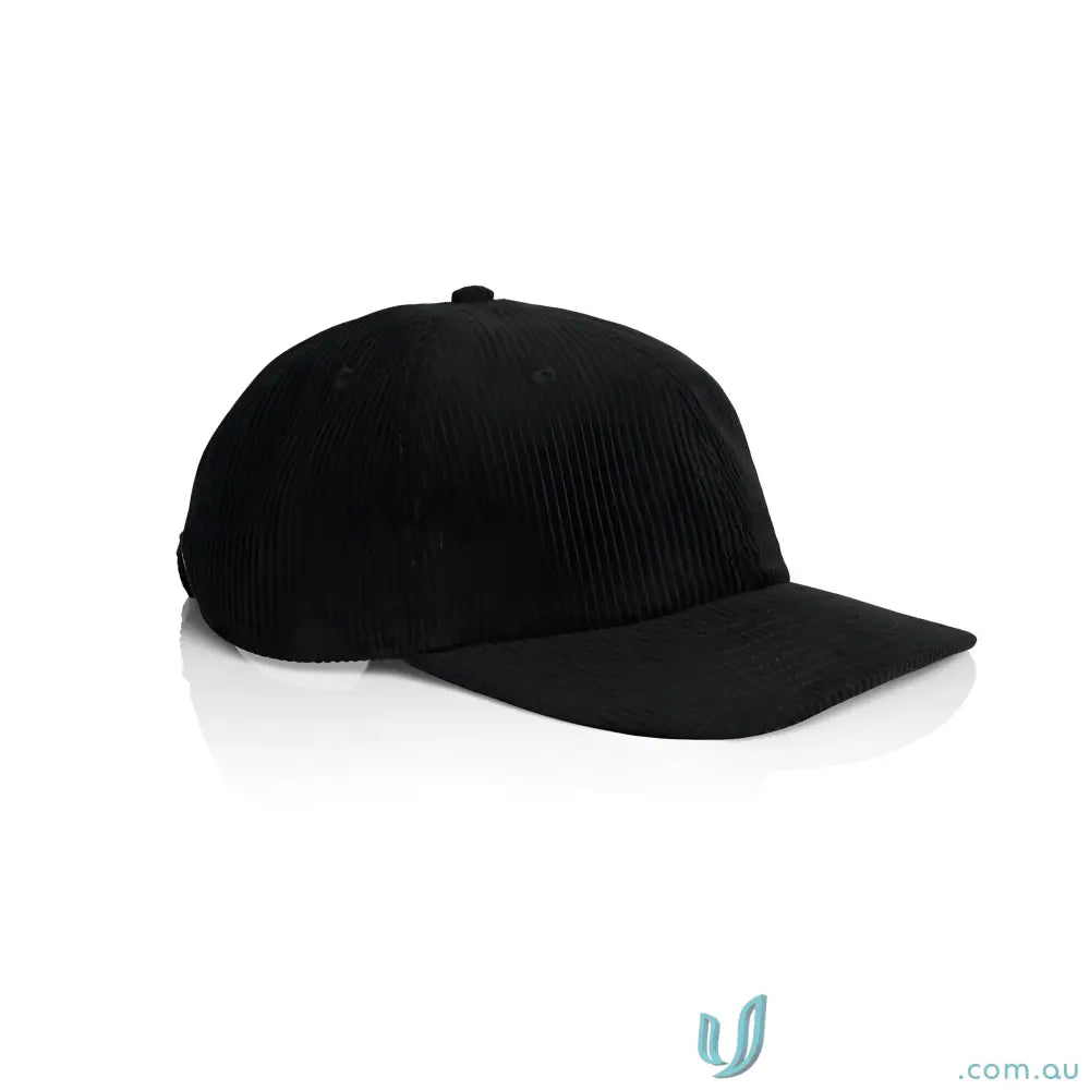 Black corduroy unstructured six-panel cap with 8-wale partridge cord and adjustable metal clasp