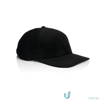 Black corduroy unstructured six-panel cap with 8-wale partridge cord and adjustable metal clasp