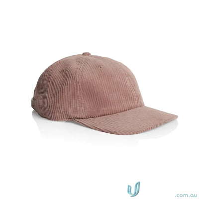 Dusty rose corduroy unstructured six-panel cap with 8-wale partridge cord and adjustable metal clasp