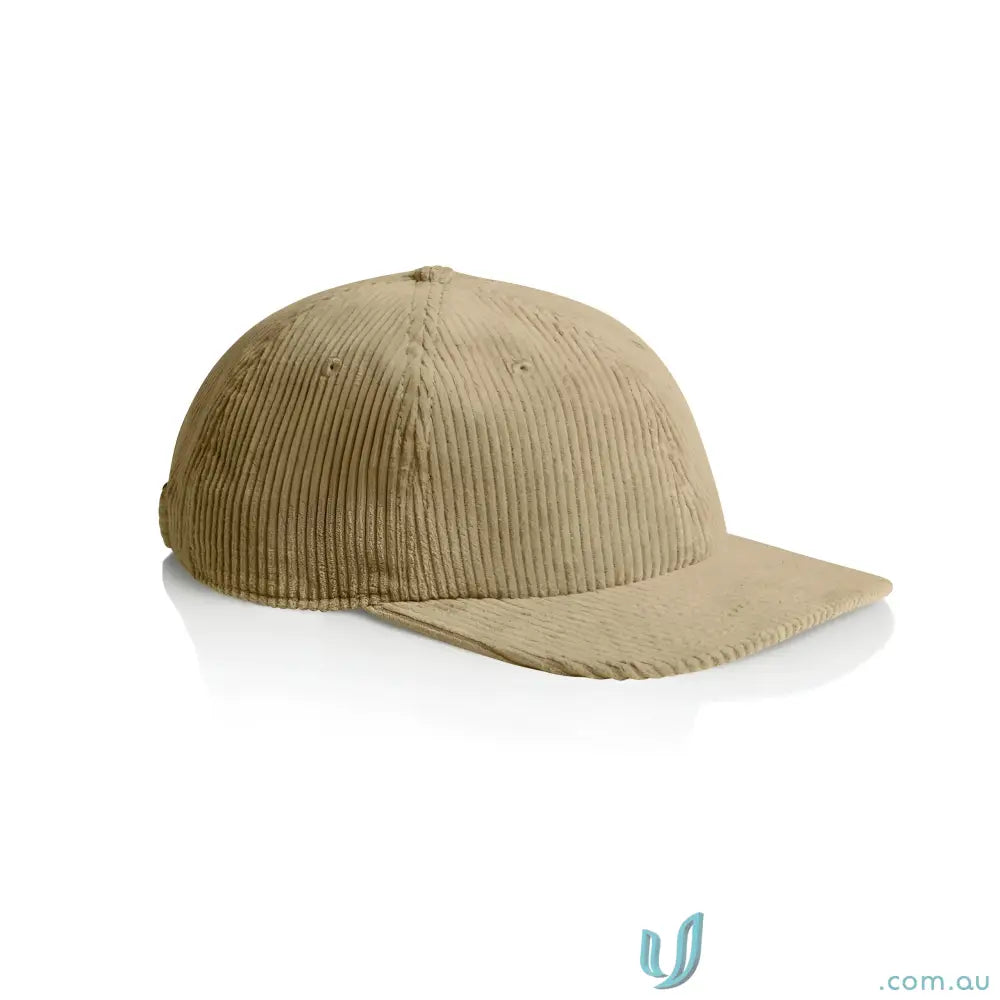 Light brown unstructured six-panel cap with 8-wale partridge cord and adjustable metal clasp