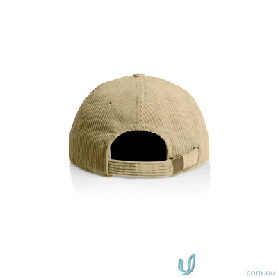 Beige unstructured six-panel cap with 8-wale partridge cord and adjustable metal clasp