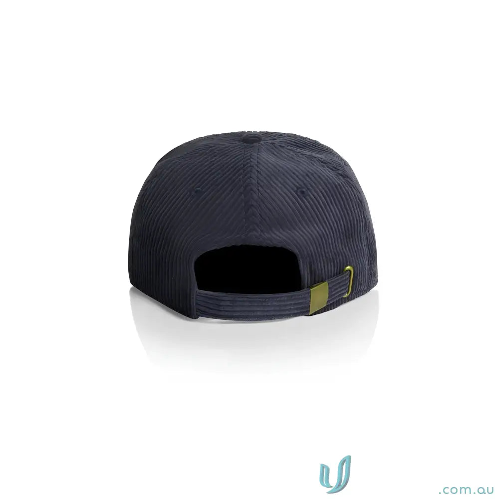 Dark blue 8-wale partridge corduroy unstructured six-panel cap with adjustable metal clasp