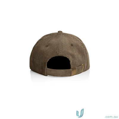 Olive green unstructured six-panel cap with 8-wale partridge cord and adjustable metal clasp