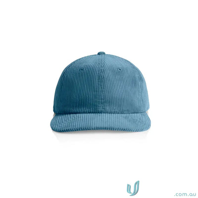 Blue unstructured six-panel cap made of 8-wale partridge cord with adjustable metal clasp