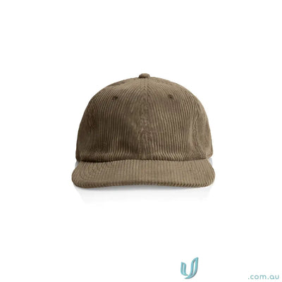 Light brown unstructured six-panel cap with 8-wale partridge cord and adjustable metal clasp
