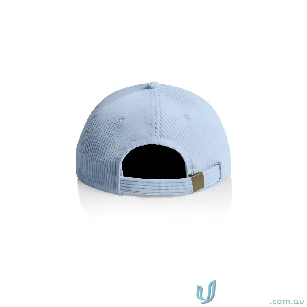 Light blue unstructured six-panel cap with 8-wale partridge cord and adjustable metal clasp