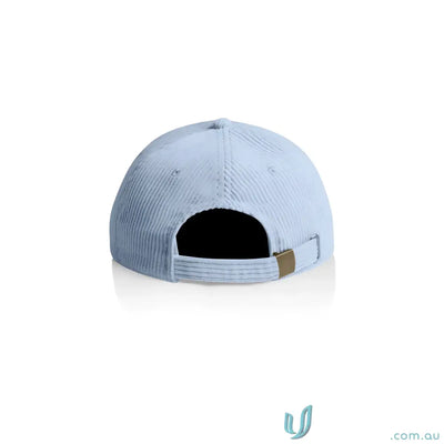 Light blue unstructured six-panel cap with 8-wale partridge cord and adjustable metal clasp