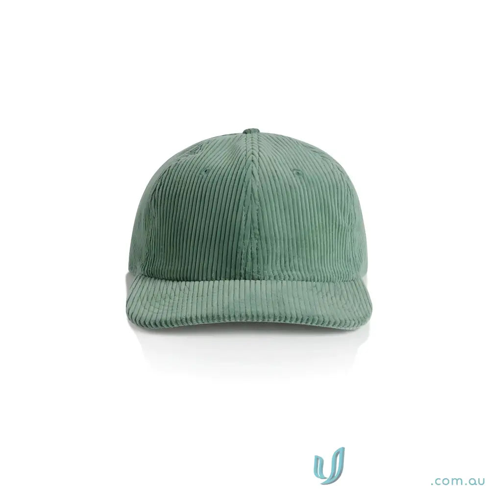 Green corduroy unstructured six-panel cap with flat brim and adjustable metal clasp