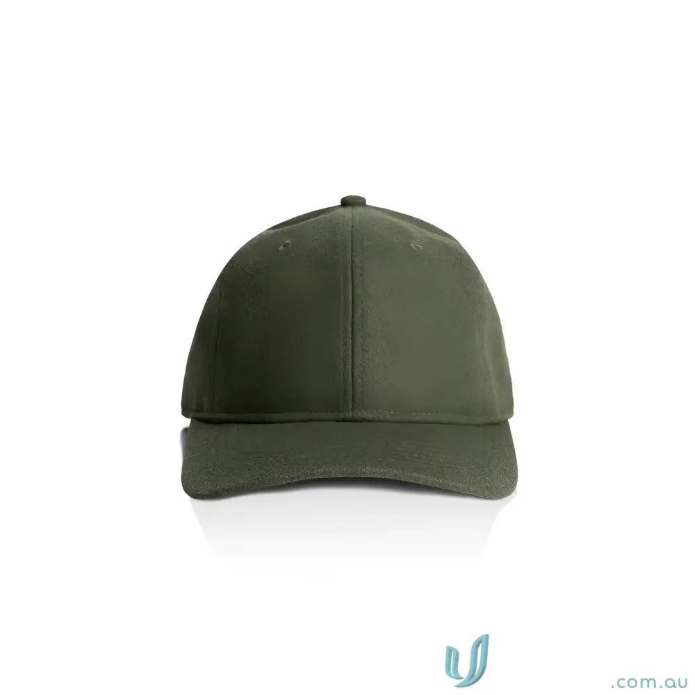 Dark green felt-like baseball cap with adjustable metal clasp and tonal under-peak lining