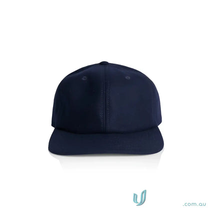 Dark blue wool blend cap with flat brim and adjustable metal clasp fastener
